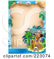 Royalty Free RF Clipart Illustration Of A Pirate With A Treasure Chest Framing An Aged Parchment Page