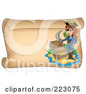 Royalty Free RF Clipart Illustration Of A Pirate Woman And Empty Chest On A Horizontal Parchment Page