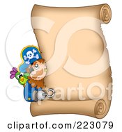 Royalty Free RF Clipart Illustration Of A Pirate Man Looking Around A Blank Vertical Parchment Page