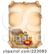 Royalty Free RF Clipart Illustration Of A Treasure Chest On A Blank Aged Vertical Parchment Page