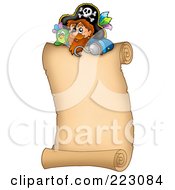 Royalty Free RF Clipart Illustration Of A Pirate And Parrot Over A Blank Veritcal Parchment Paper
