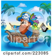 Royalty Free RF Clipart Illustration Of A Male Pirate With A Parrot Paddling A Boat