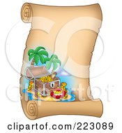Poster, Art Print Of Treasure Chest On A Tropical Island On A Vertical Parchment Page