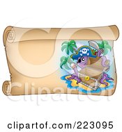Poster, Art Print Of Pirate Octopus With An Empty Chest On A Horizontal Parchment Page