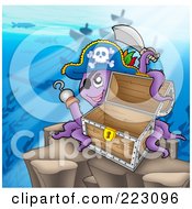 Pirate Octopus Near A Shipwreck With A Treasure Chest