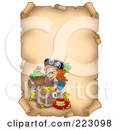 Poster, Art Print Of Pirate Girl With A Treasure Chest On An Aged Vertical Parchment Page