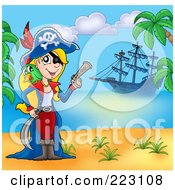 Poster, Art Print Of Blond Female Pirate Holding A Gun On A Beach With Her Ship In The Background