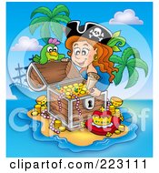 Poster, Art Print Of Female Pirate And Parrot Opening A Treasure Chest On A Beach