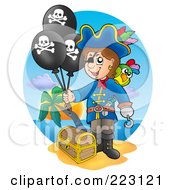 Poster, Art Print Of Male Pirate Balloons By A Treasure Chest On A Beach