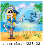 Poster, Art Print Of Blond Female Pirate Holding A Gun And Sword On A Beach With Her Ship In The Background