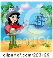 Poster, Art Print Of Female Pirate Holding A Sword And Gun On A Beach With Her Ship In The Background