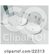 Poster, Art Print Of White Counter With Three Drawers Two Bowl Sinks Chrome Faucets Tile Walls And Flooring And A Corner Shower In A Modern Bathroom