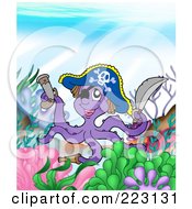 Poster, Art Print Of Pirate Octopus With A Pistol And Sword On A Reef