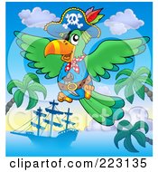Poster, Art Print Of Pirate Parrot Flying Over A Ship And Palm Trees
