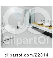 Poster, Art Print Of Deep Bath Tub White Toilet Corner Shower And Wooden Counter With Bowl Sinks In A Modern Bathroom With Tile Walls And Flooring