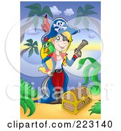 Poster, Art Print Of Blond Female Pirate With A Treasure Chest On A Beach