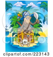 Poster, Art Print Of Pirate Monkey Sitting On A Treasure Chest