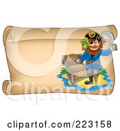 Poster, Art Print Of Pirate And Empty Treasure Chest On A Horizontal Parchment Page