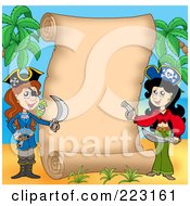 Royalty Free RF Clipart Illustration Of Female Pirates And Palm Trees Framing A Vertical Parchment Page