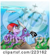Poster, Art Print Of Pirate Octopus At The Bottom Of The Sea With A Sword And Flag