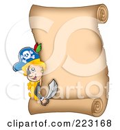 Poster, Art Print Of Pirate Girl Looking Around A Blank Vertical Parchment Page