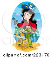 Poster, Art Print Of Female Pirate With A Treasure Chest On A Beach