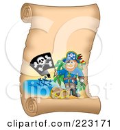 Royalty Free RF Clipart Illustration Of A Male Pirate And Flag On A Blank Vertical Parchment Page