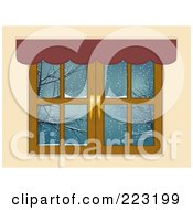 Poster, Art Print Of Wooden Window Panes With A Scalloped Valance Looking Out Onto A Winter Scene