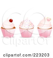 Royalty Free RF Clipart Illustration Of A Digital Collage Of Three Cherry Sprinkle And Heart Topped Cupcakes In Pink Wrappers