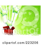 Royalty Free RF Clipart Illustration Of Green Star Balloons Bursting Out Of A Red Gift Box On A Green Snowy Background by elaineitalia