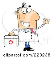 Smiling And Waving Caucasian Male Doctor With A First Aid Kit And Head Lamp by Hit Toon