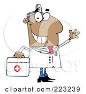 Smiling And Waving Black Male Doctor With A First Aid Kit And Head Lamp
