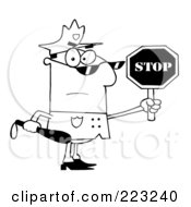 Royalty Free RF Clipart Illustration Of A Coloring Page Outline Of A Police Officer Holding A Stop Sign And Club