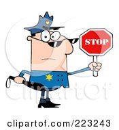 Poster, Art Print Of Caucasian Police Officer Holding A Stop Sign And Club