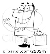 Royalty Free RF Clipart Illustration Of A Coloring Page Outline Of A Friendly Waving Businessman With A Briefcase