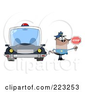 Poster, Art Print Of Black Police Officer Holding A Stop Sign And Standing By His Vehicle