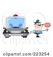 Poster, Art Print Of Caucasian Police Officer Holding A Stop Sign And Standing By His Vehicle