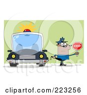 Poster, Art Print Of Black Police Man Holding A Stop Sign And Standing By His Vehicle