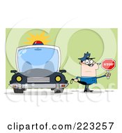 Poster, Art Print Of Caucasian Police Man Holding A Stop Sign And Standing By His Vehicle