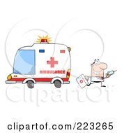 Poster, Art Print Of Caucasian Male Doctor Walking Away From An Ambulance Carrying A Syringe