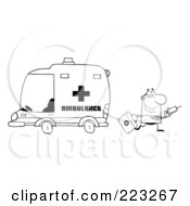 Poster, Art Print Of Coloring Page Outline Of A Doctor Walking Away From An Ambulance Carrying A Syringe