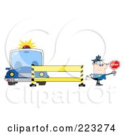 Poster, Art Print Of Caucasian Police Man Holding A Stop Sign By A Police Line And Car