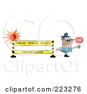 Poster, Art Print Of Black Police Officer Holding A Stop Sign By A Police Line Barrier