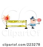 Poster, Art Print Of White Police Officer Holding A Stop Sign By A Police Line Barrier