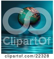 Clipart Illustration Of A Fictional Green Planet With Swirling Tan And Brown Clouds Above Rippling Blue Waters