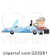 Royalty Free RF Clipart Illustration Of A Caucasian Businessman Holding His Briefcase And Waving By His Convertible Car