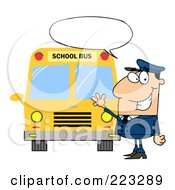 Poster, Art Print Of Friendly Caucasian School Bus Driver With A Word Balloon Waving By A Bus