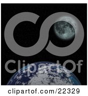 Fictional Planet Earth With Clouds Against The Black Starry Night Of Space With The Moon In The Distance