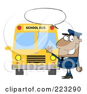 Friendly African American School Bus Driver With A Word Balloon Waving By A Bus