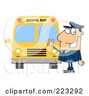 Friendly Caucasian School Bus Driver Waving By A Bus
